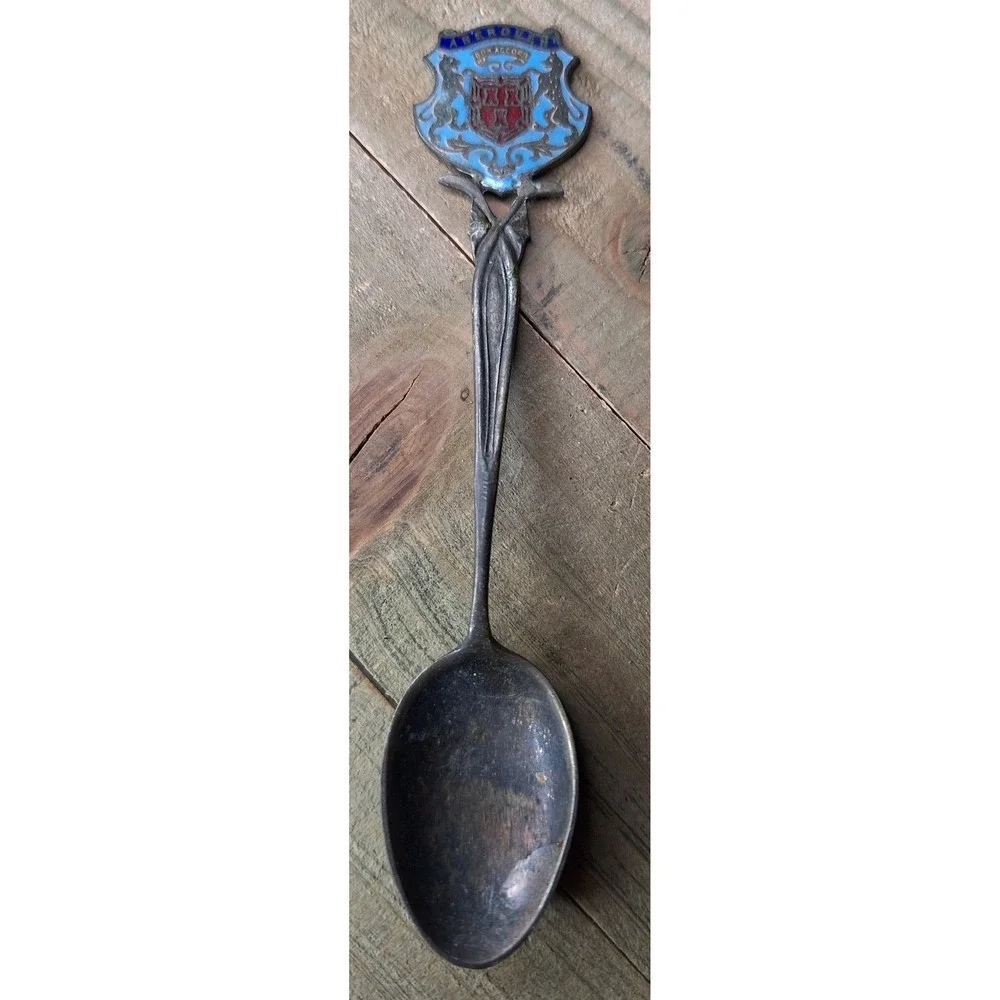 Antique Aberdeen Scotland Sterling Silver Enamel Souvenir Spoon Bon Accord Crest